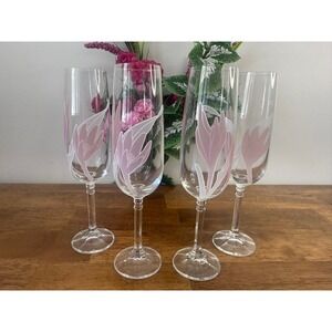 Vintage Champagne Flutes‎ Pink Floral Glasses Wedding Toast Stemware Set Barware